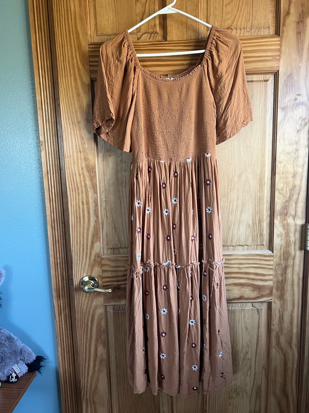 Leia in Co Rust Midi Dress with Floral Embroidery and Puff Sleeves, Large